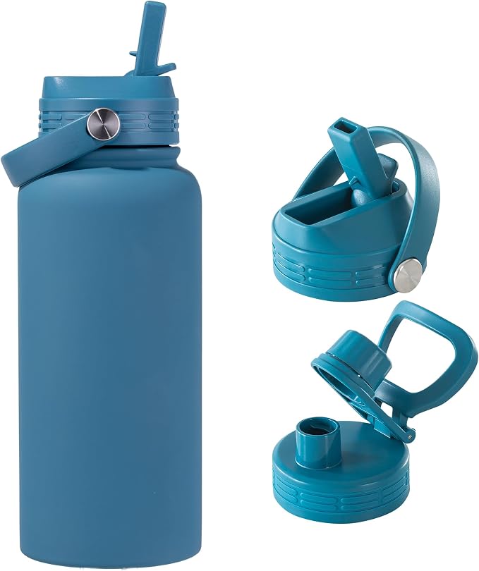 Blue Insulated 32 oz Metal Leakproof Water Bottle | Teal Blue, Stainless Steel, 1 Liter, Leakproof, 2 Lids, Large Sports Water Bottle for Gym,Hiking