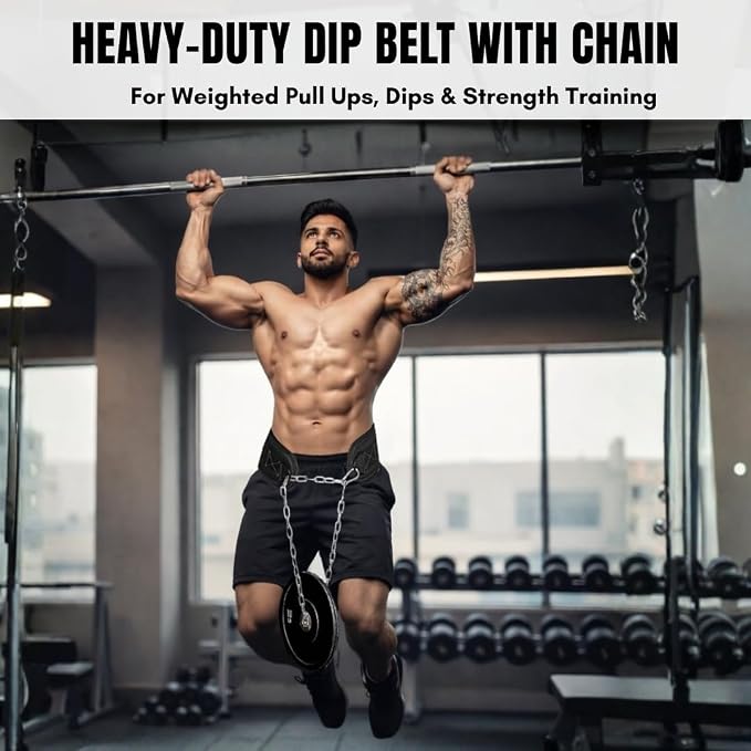 Dip Belt with Chain – Weighted Pull Up Belt, Dip Weight Belt, Weightlifting Belt for Pullups, Squats, and Dips, Belt Squat Attachment Ideal Weight Belt for Pullups, Weightlifting, and Gym Workouts (Black)