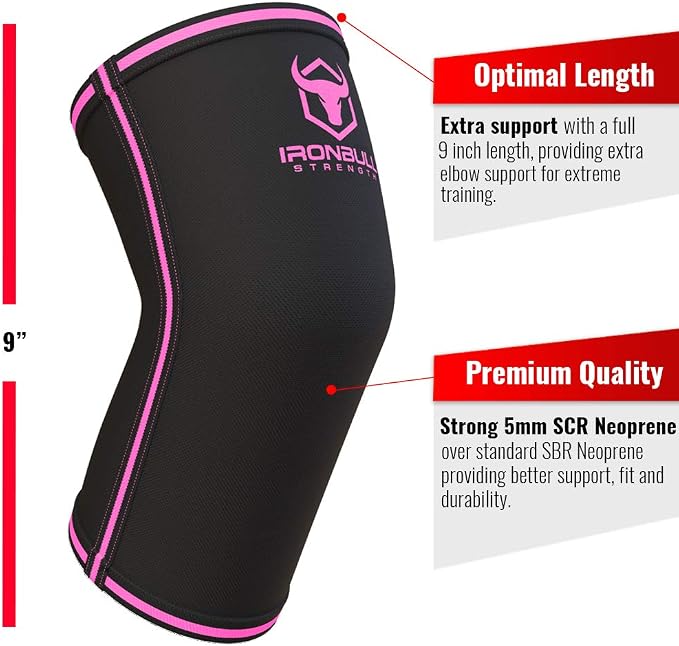 Elbow Sleeves 5mm (1 Pair) - High Performance Elbow Sleeve Support for Weightlifting, Weight Training & Powerlifting - Best Compression Straps - for Men and Women (Large, Black/Pink)