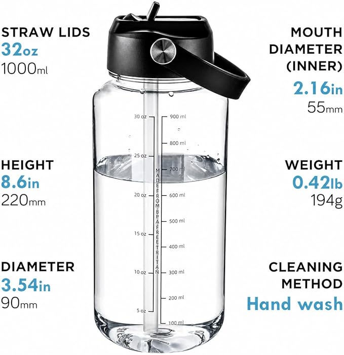 OLDLEY 32oz Water Bottle with Straw,Leakproof Tritan Clear Bottle with Marked Bottle and Carry Handle, BPA-Free Wide Mouth Reusable Sports Water Bottle for Gym,Hiking, Camping, Travel, Workout,Clear