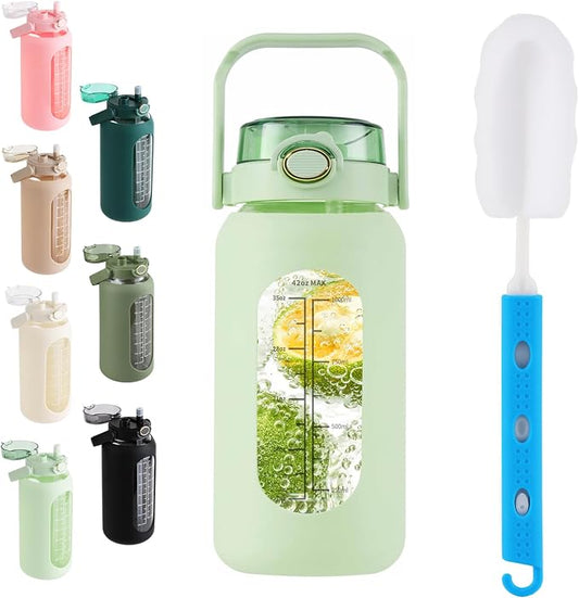 42 oz Glass Water Bottle with 2-in-1 Straw Lid Large Half Gallon Water Bottle with Time Marker & Removable Silicone Sleeve,Wide Mouth BPA-Free Borosilicate Bottle for Gym, Workout & Daily Use