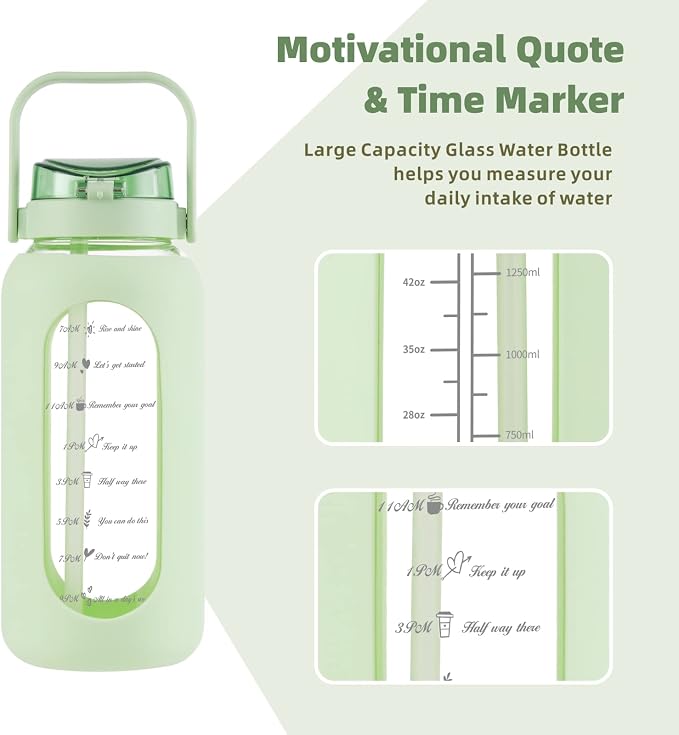 74 oz Glass Water Bottle with 2-in-1 Straw Lid Large Gallon Water Bottle with Time Marker & Removable Silicone Sleeve,Wide Mouth BPA-Free Borosilicate Bottle for Gym, Workout & Daily Use