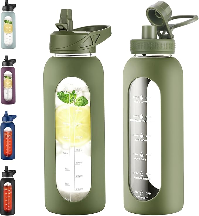EALGRO 40 oz Glass Water Bottle with Straw, Large Sports Water Jug | Motivational Water Bottle with Time Marker and Silicone Sleeve, Flask Cup with Handle for Travel, Gym, Hiking, Army Green