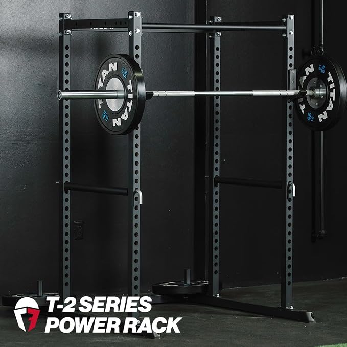 Titan Fitness T-2 Series Short Power Rack, Skinny Pull Up Bar, Pin and Pipe Safeties, Standard J-Hooks, for Home Garage Gym Weightlifting and Strength Training