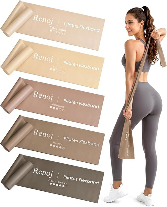 Renoj Pilates Flexbands, 5-Pack Latex-Free Resistance Bands Set – Exercise Bands for Pilates, Yoga, Stretching & Physical Therapy | Home Gym Equipment for Women & Men