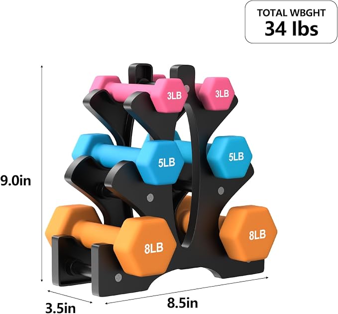 Portzon Dumbbells Neoprene with Non Slip Grip weight for Total Body Workout Compatible with of 2 Set,1-15 LB, Anti-Slip, Anti-roll, Hex Shape