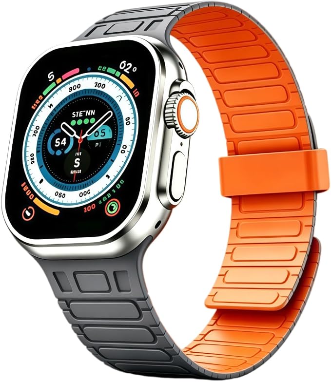 Magnetic Band Compatible with Apple Watch Ultra 3/2/1 Band for Men 49mm 46mm 45mm 44mm 42mm, Silicone Sport Waterproof Loop Strap Magnet Link for iWatch Series SE 11 10 9 8 7 6 5 4 3 2 1(GreyOrange)