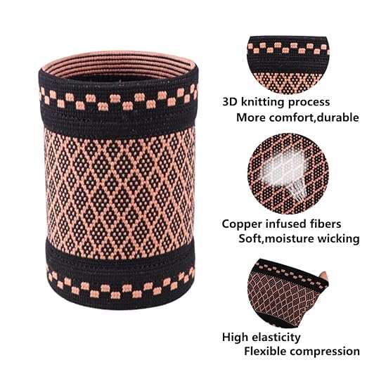 Copper Wrist Compression Brace (2Pcs), Elastic Wrist Support Sleeve Wrist Braces for Tendonitis, Arthritis, Carpal Tunnel Pain Relief, Soft Wrist Wrap Wristbands for Sport, Fitness, Workout, Typing(M)