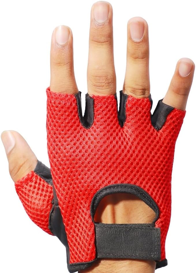 Leather MESH Fingerless Weight Lifting Exercise Gym Wheelchair Gloves Black/RED WLG-021