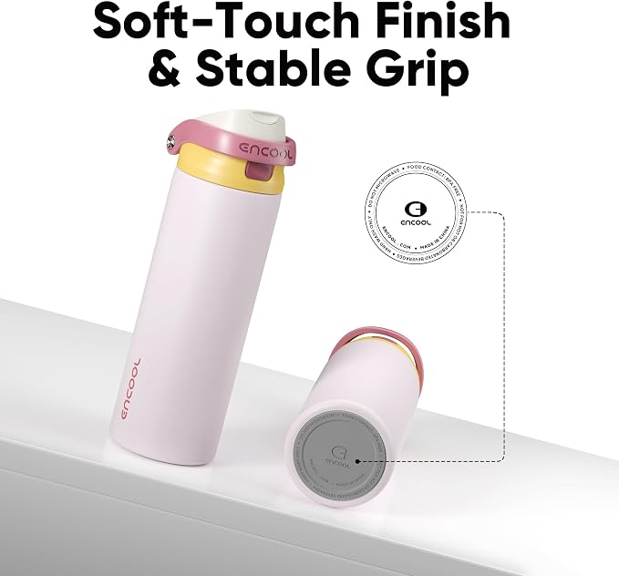 ENCOOL Leakproof Insulated Water Bottle with Straw Dual-Sip Water Bottle Bag-Safe Design for Work, Commute & Gym – Keeps Drinks Cold All Day, 18 oz, Blush Pink
