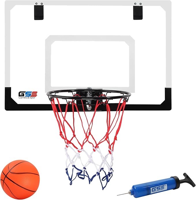 GSE Over-The-Door Basketball Hoop with Basketball & Pump, for Home & Office | Wall-Mounted Basketball Hoop Complete Accessories, Clear Impact-Resistant PC Backboard, PVC Basketball, Several Style Choice