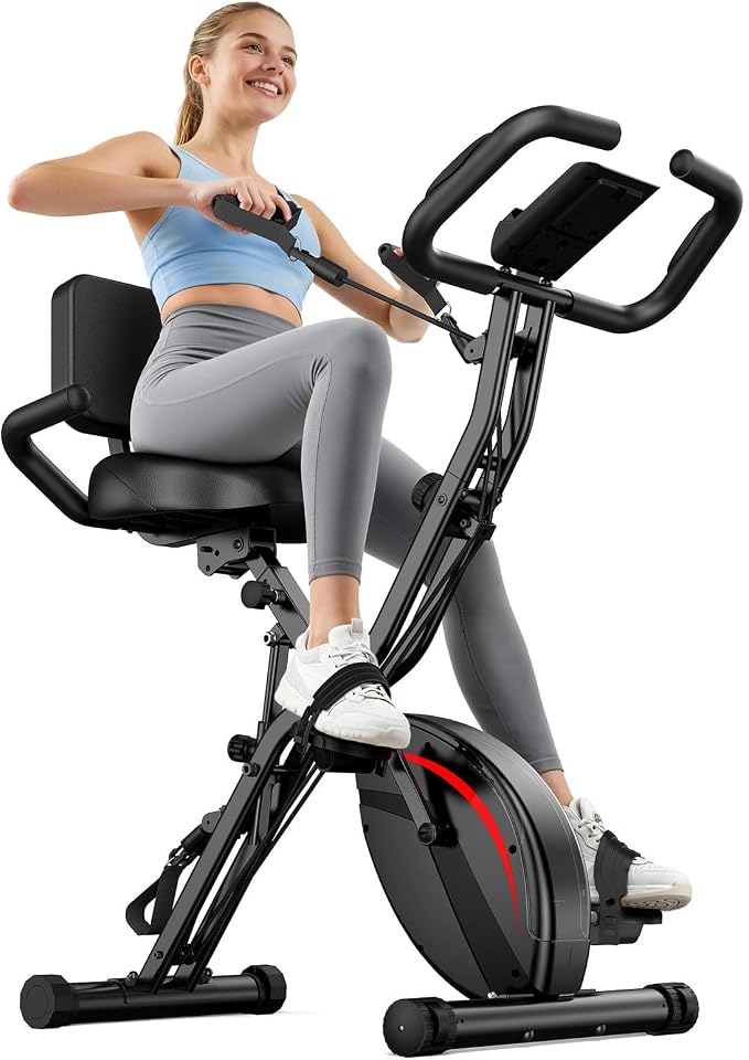 Pleny Folding Exercise Bike, 5 IN 1 Stationary Bikes for Home 6.6 LBS Flywheel, 330LB Weight Capacity Back Support Cushion Indoor Workout Cycling Bike for Home Gym