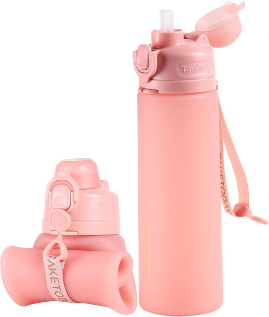 TakeToday Collapsible Water Bottles 21oz (600mL), Foldable Platinum Silicone Travel Water Bottle with Straw & Carry Strap, Leak-Resistant Screw Lid, Wide Mouth, BPA-Free for Hiking, Camping, Travel