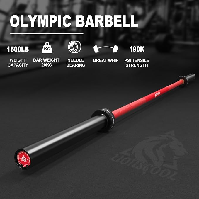 LIONSCOOL 7FT Olympic Barbell 2” Bar for Strength Training Weightlifting | 700/1000/1500lbs Weight Capacity, 2-Inch 40/45lbs Black, Silver, Red, Chrome Power Lifting, Squat, Deadlift, Presses, Row Bar