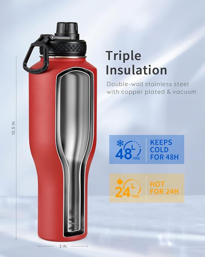 Trebo 40 oz Water Bottle Insulated Fit in Any Car Cup Holder with 2 Lids | Stainless Steel T-shape Tumbler with Paracord Handle, Triple Wall Vacuum Copper Plated, Cold 48 Hrs for Travel, Wide Mouth