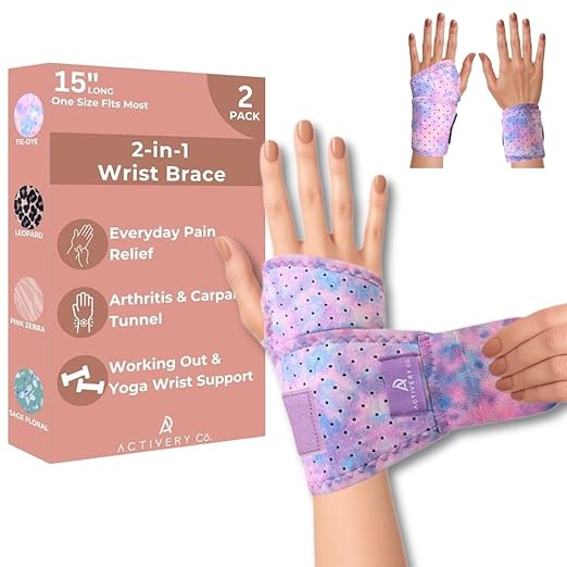 Carpal Tunnel Wrist Brace Left Hand, Right Hand for Women, Day or Night Compression Wrist Support Brace for Fitness, Keyboard Use, or Overnight Support, 2 Pack, Purple Tie Dye Print