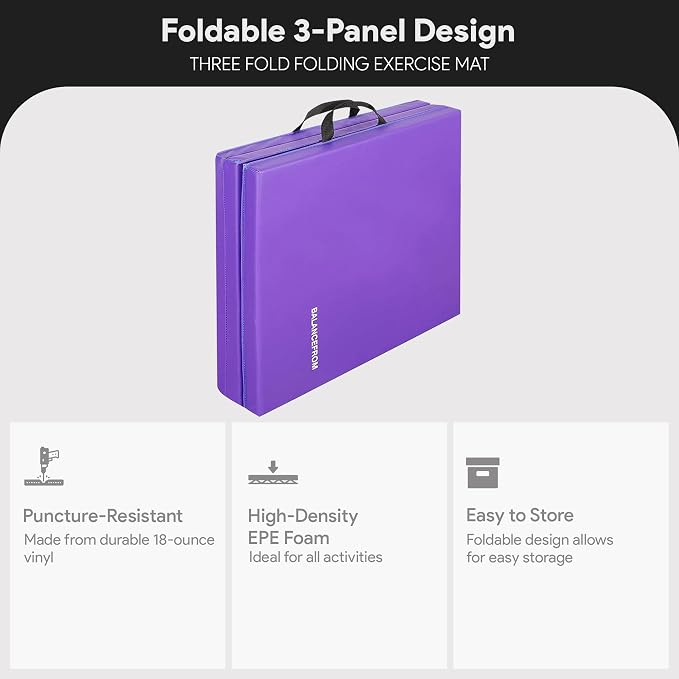 BalanceFrom 6x2 Feet 3-Panel Folding Gymnastics Mat – 1.5-Inch Thick Pad with Vinyl Surface and Carrying Handles for Tumbling, Yoga, Pilates, Home Workouts, and Martial Arts