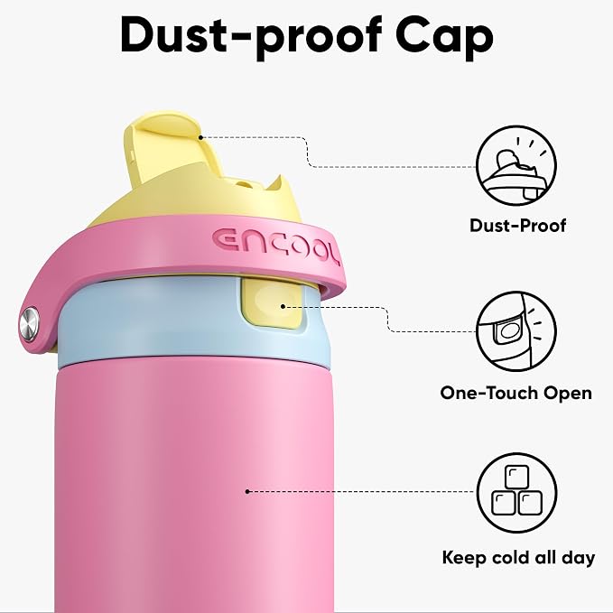 ENCOOL Leakproof Insulated Water Bottle with Straw Dual-Sip Water Bottle Bag-Safe Design for Work, Commute & Gym – Keeps Drinks Cold All Day, 24 oz, Shell Pink