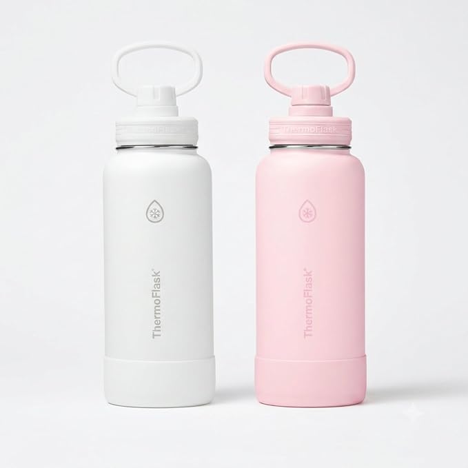 ThermoFlask Insulated Water Bottles, Spout Lid, 2-Pk, 32 oz, White/Blush