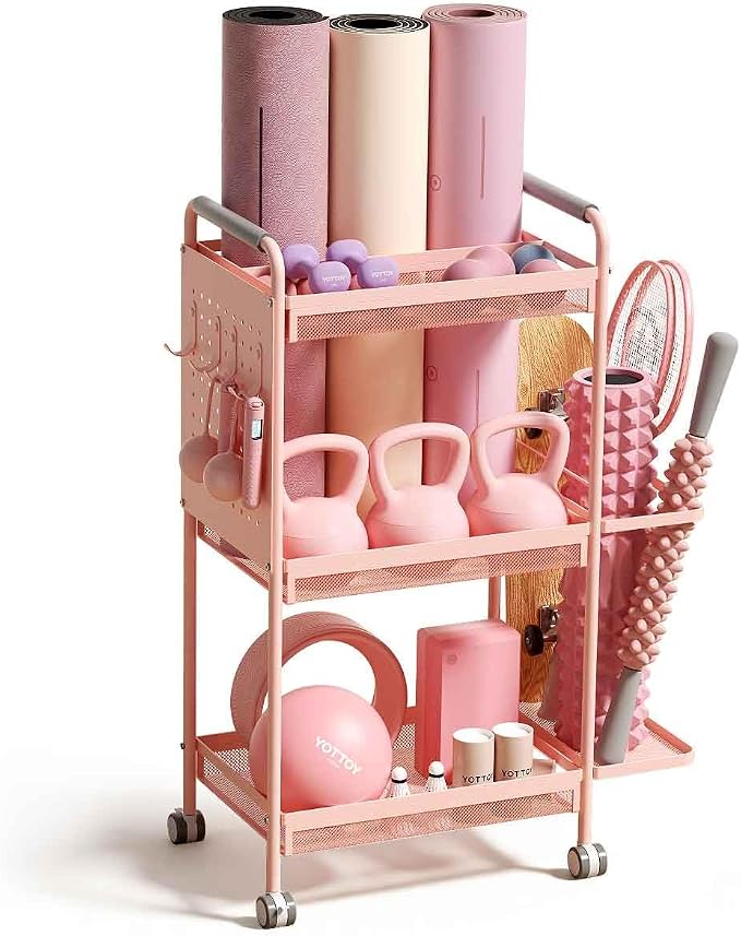 YOTTOY 3-Tier Gym Storage Rack for Home Gym–Multi-Functional Weight Rack, Dumbbell Rack, Yoga Mat Holder with Side Basket & 6 Hooks, Gym Equipment Organizer