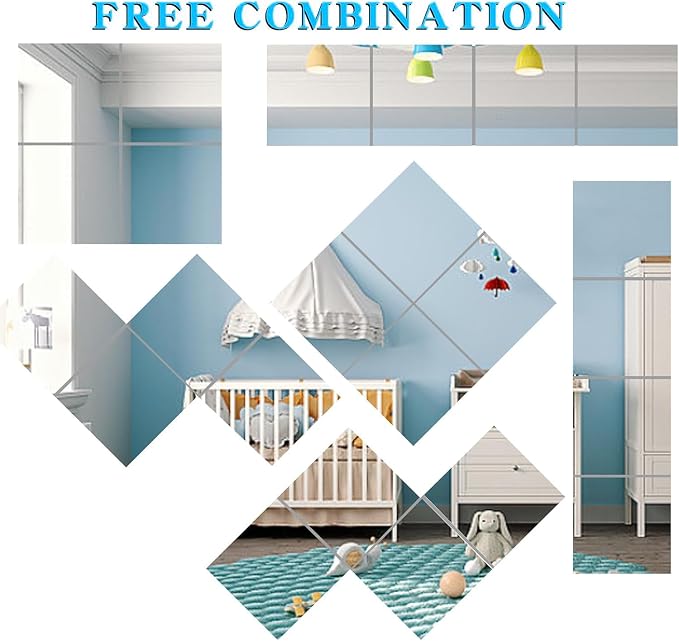 8-Piece Thick Acrylic Mirror Set for Walls, 12 x 12 inch self-Adhesive Frameless Small Mirror Tiles, Flexible Plastic Lenses for Bedroom, Home, and Gym Doors (8 pcs 12x12inch)