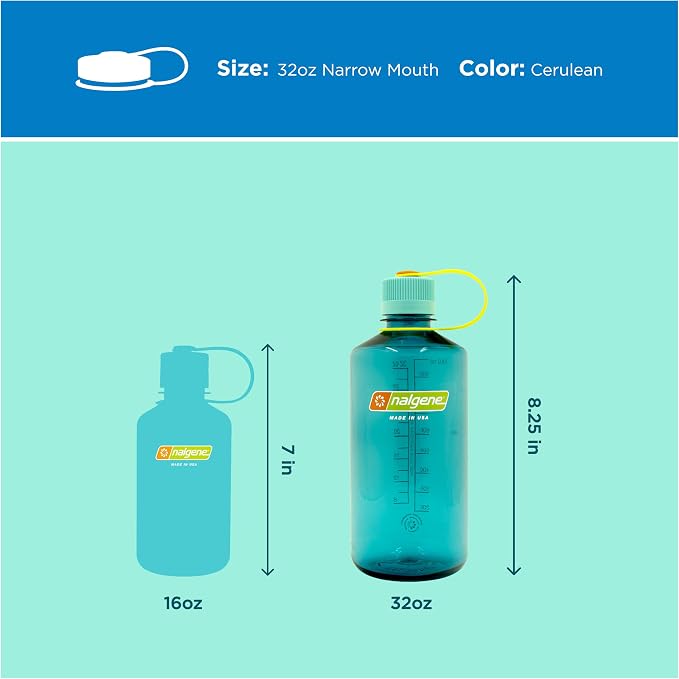 Nalgene 32 oz Narrow Mouth Water Bottle, Cerulean | BPA-Free, Durable & Lightweight, Leak Proof, Dishwasher Safe, Large Reusable Plastic Bottle for Hiking, Gym, Work & Travel