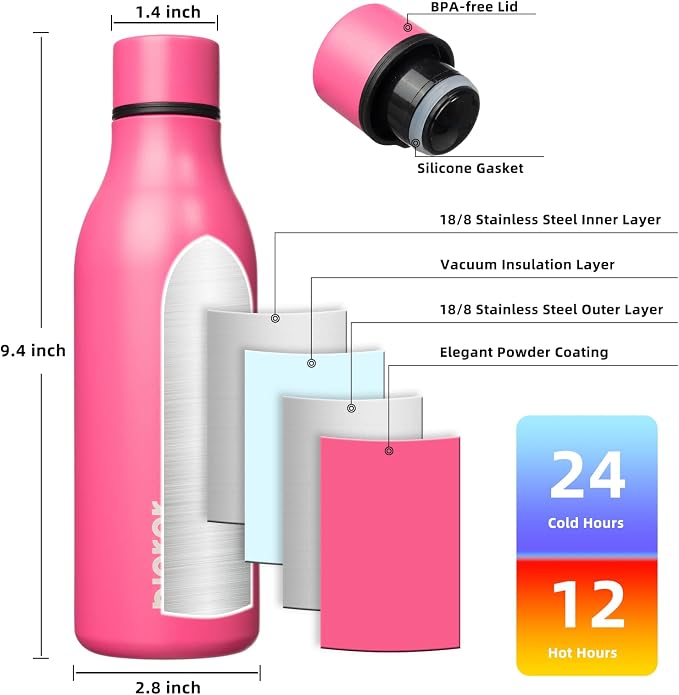 BJPKPK 18oz Insulated Water Bottle, Stainless Steel Bottle with Carry Strap | Keep Cold & Hot Vacuum Insulation, Leak-Proof BPA-Free Design, Slim Bottle Fits Most Cup Holders for Gym, Office & Travel