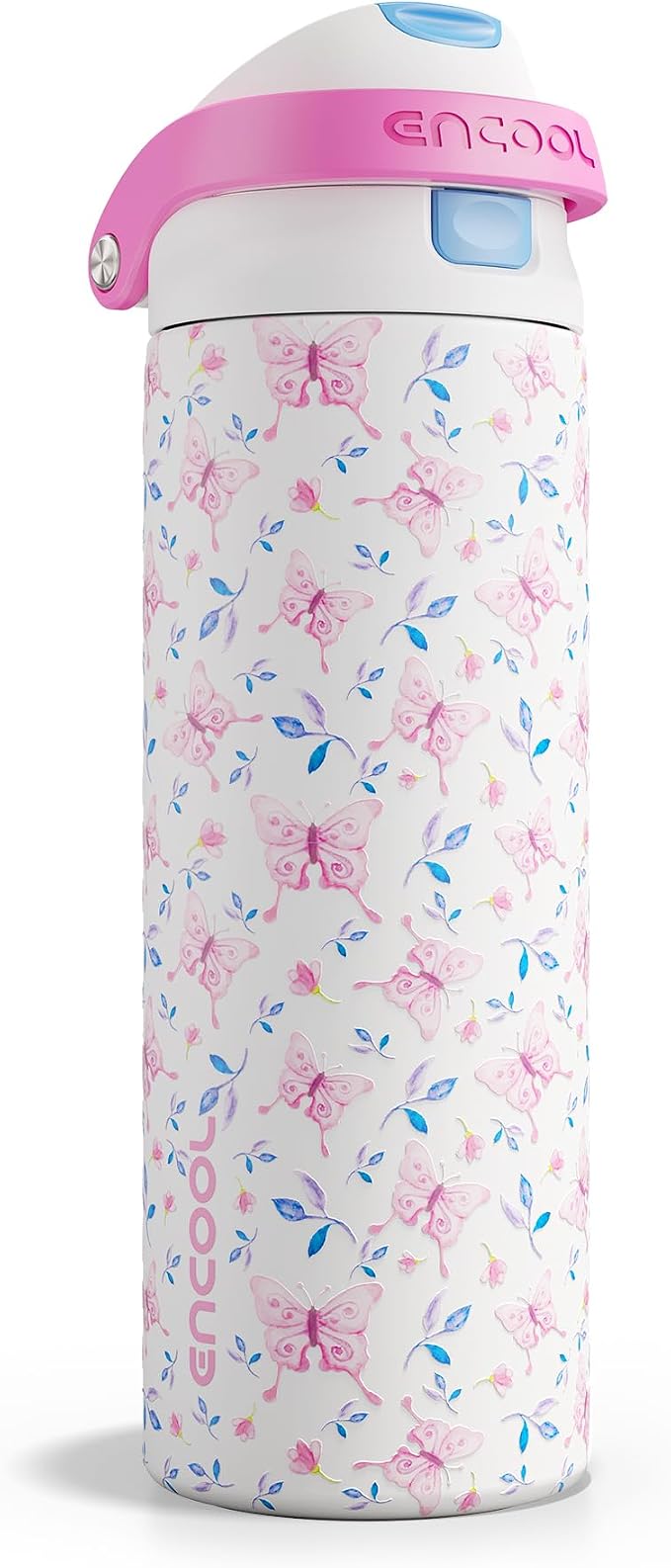 ENCOOL Leakproof Insulated Water Bottle with Straw Dual-Sip Water Bottle Bag-Safe Design for Work, Commute & Gym – Keeps Drinks Cold All Day, 24 oz, Blossom Butterfly