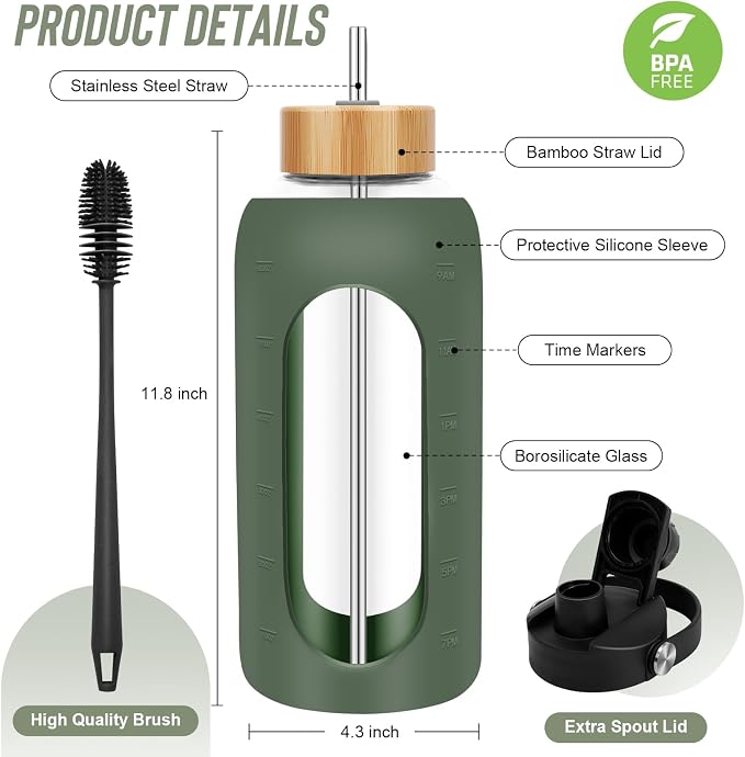 FULBEVY Glass Water Bottles 64 oz - Half Gallon Large Motivational Daily Water Intake Bottle Time Marker - Glass Water Bottle With Straw, Silicone Sleeve 2 Lids, Handle Spout & Bamboo Lid(Olive)