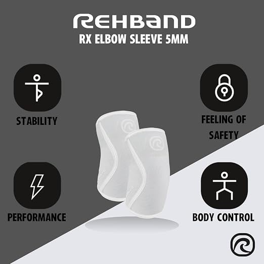 Rehband Elbow 5mm Compression Sleeve, Neoprene Sleeves for Weightlifting, Anatomical Design, Non-Slip & Close Fitting, Elbow Support Unisex, Colour:Arctic/White, Size:Small