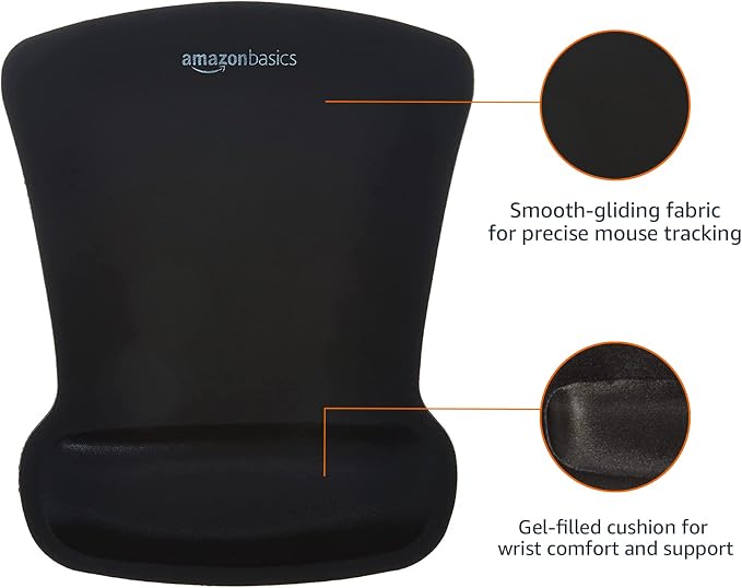 Amazon Basics Ergonomic Mouse Pad with Wrist Support for Pain Relief, Gel-Filled Cushion, Non-Slip Rubber Grip Base, 10.1 x 8.1 Inches, Black, 20-Pack