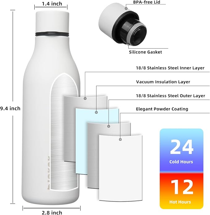 BJPKPK 18oz Insulated Water Bottle, Stainless Steel Bottle with Carry Strap | Keep Cold & Hot Vacuum Insulation, Leak-Proof BPA-Free Design, Slim Bottle Fits Most Cup Holders for Gym, Office & Travel