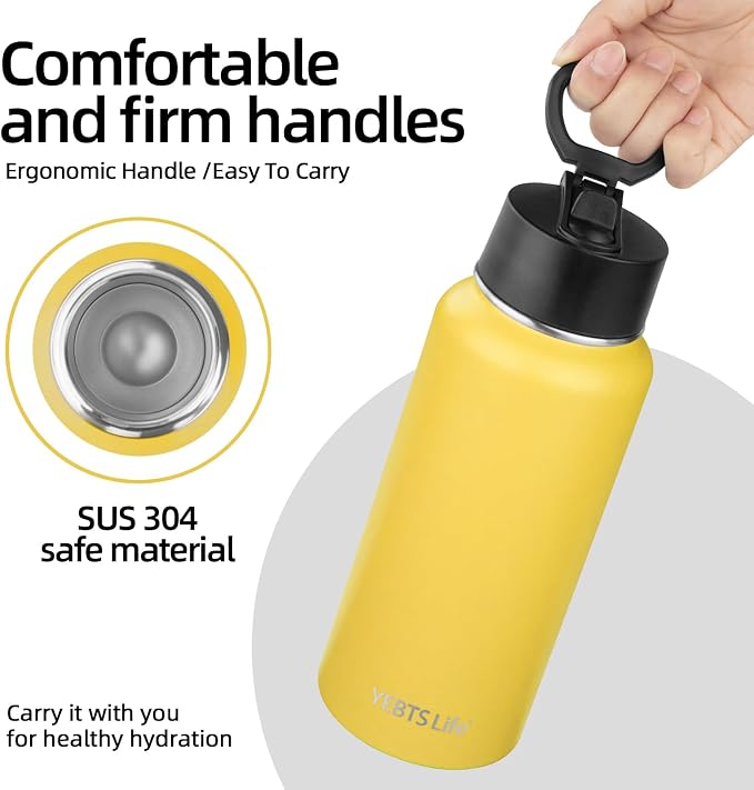 Insulated Water Bottle With Straw,32 oz Vacuum Insulated Stainless Steel Sports Water Flask,Keeps Cold and Hot,Metal Water Bottle Wide Mouth for Gym Travel Camping (Yellow)
