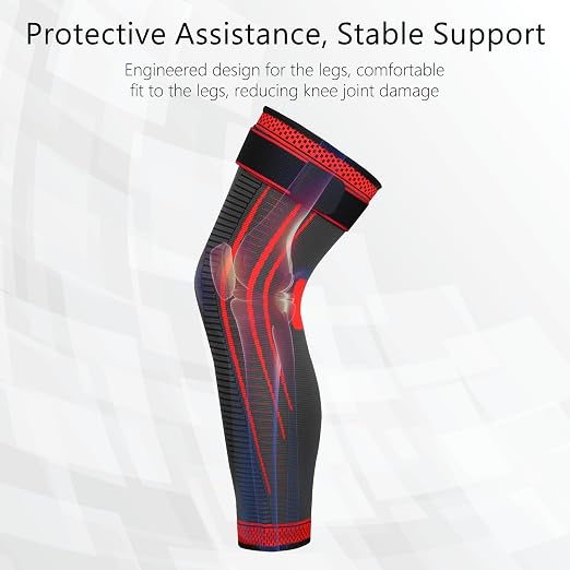 Full Leg Compression Sleeves 2 Pack anti Sliping Ventilation Long Knee Support with Wraps for Men and Women Long Knee Compression Sleeve for ACJ, PCL, Meniscus Tear, Arthritis (S, Red)