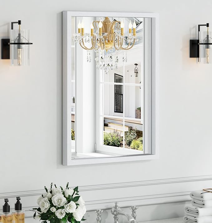 Syndra White Wood Frame Bathroom Mirror, 22''x30'' Modern Vanity Mirror for Wall, Waterproof Slim Deep Frame, Rectangular HD Tempered Glass Mirror for Living Room, Bedroom, Entryway, Rustic, Farmhouse