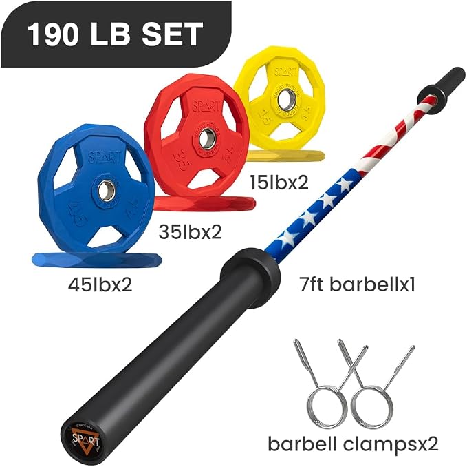 7FT Olympic Barbell Bar with Weight Plate Set Combo, Solid Olympic Bar with Bearings, 700Lbs Capacity Weight Bar for Home Gym Strength Training, Weightlifting, Powerlifting, Fit for 2" Olympic Plates