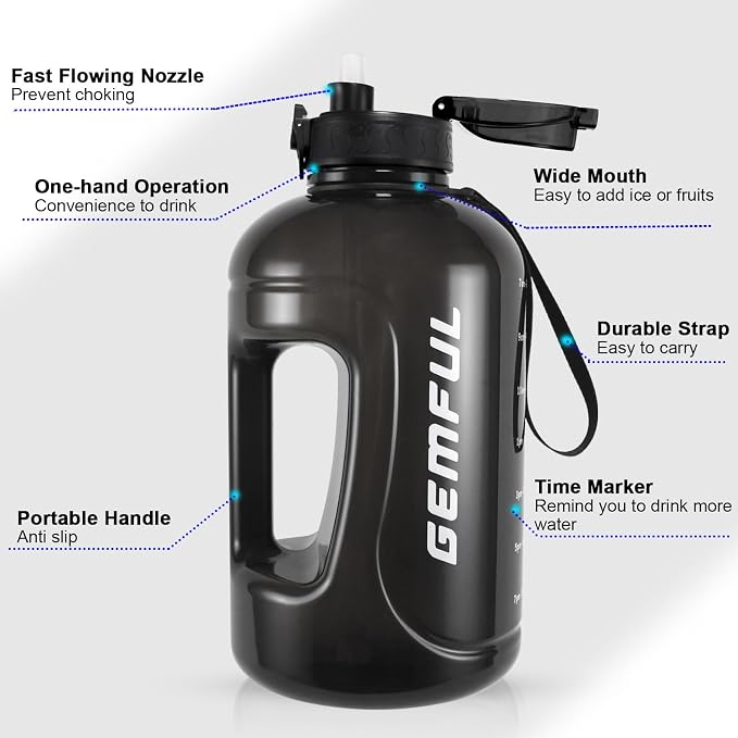 GEMFUL 100oz Water Bottle with Time Marker & Straw 3L for Fitness (Black) | BPA Free, Leak-proof, Tracks Daily Intake, Great for Gym, Hiking, Camping, Home,Office, Travel, Women,Men, Wide Mouth