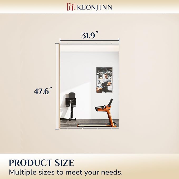 Keonjinn Home Gym Mirror, 48" x 32" Workout Mirrors for Home Gym, Frameless Tempered Glass, Full Body Wall Mirrors for Fitness Exercise, Yoga Room, Dance Studio, Garage