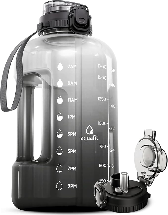 AQUAFIT 64 oz Water Bottle with Time Marker, 2in1 Lid | BPA Free Half Gallon Water Bottle with 2in1 Straw and Chug Lid - Leakproof Gym Water Bottle with Carry Handle (Midnight Gray)