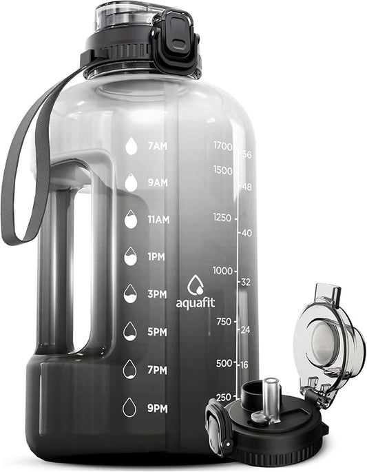 AQUAFIT 64 oz Water Bottle with Time Marker, 2in1 Lid | BPA Free Half Gallon Water Bottle with 2in1 Straw and Chug Lid - Leakproof Gym Water Bottle with Carry Handle (Midnight Gray)