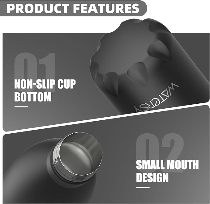 WATERSY Stainless Steel water bottles,17oz/500ml Insulated Water Bottle | Black metal water bottle Keeps Drink Cold and Hot,BPA Free kids water bottles for School,Gym,Travel,Sports