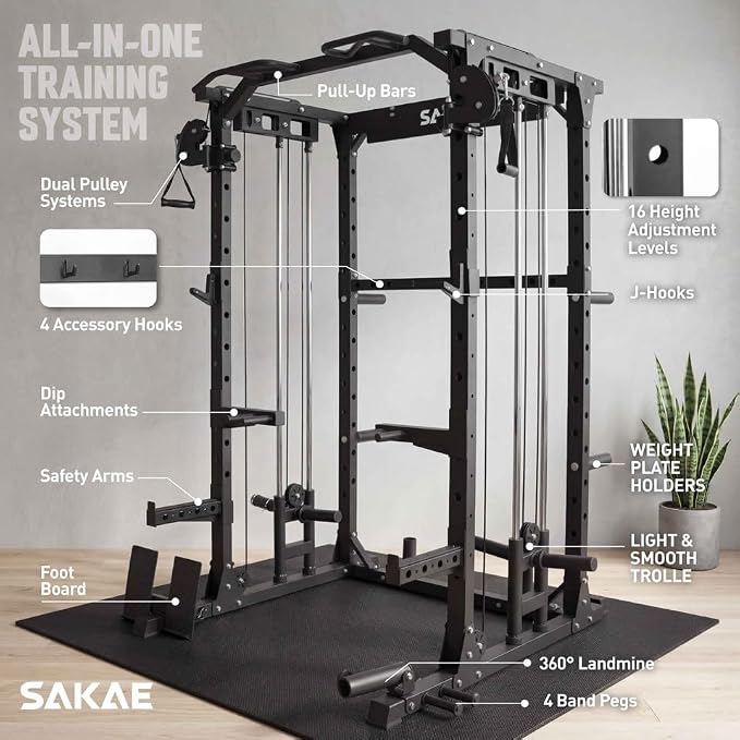 SAKAE Squat Rack with Cable Crossover System, Power Rack with LAT Pull Down, Pull-Up Bar, Dip Bars, Weight Bench, 260 LB Bumper Plates, 7 FT Olympic Bar & Training Attachments, Multiple Options