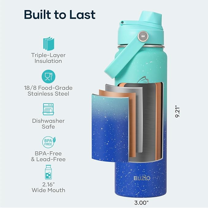 BUZIO 24 oz Insulated Water Bottle, Stainless Steel Wide Mouth Water Flask with Straw Lid, Cold for 48 Hrs Leak Proof Metal Hydro Thermo Canteen Mug, Starry Gradient Blue