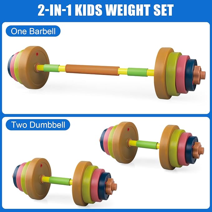 Kids Exercise Weight Set, Barbell and Dumbbell Workout Equipment, Toddler Beginner Gym Toy for Pretend Play Lifting Exercise & Fitness, Adjustable Fill with Sand or Water