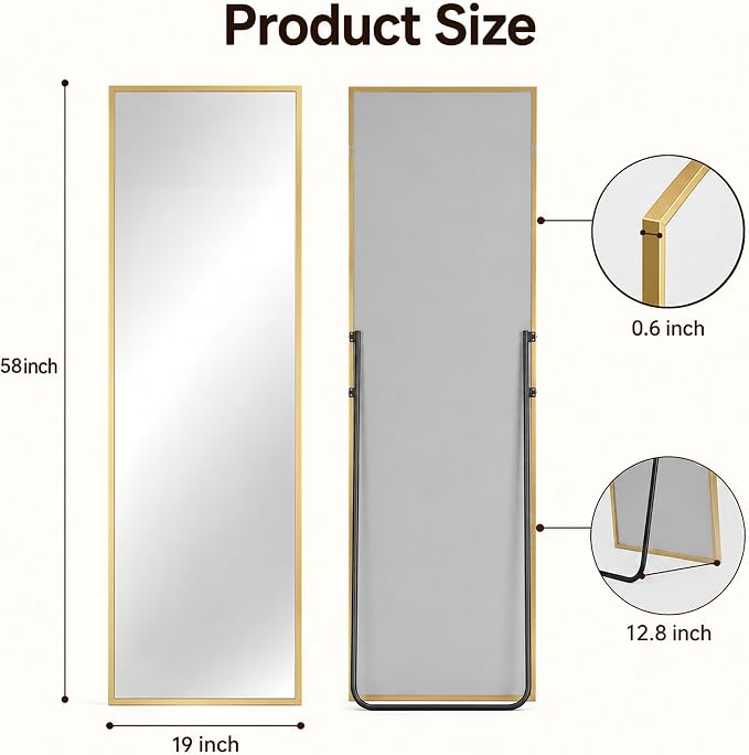 Antok Full Length Mirror, 58"x19" Floor Mirror with Stand, Hanging Mounted Mirrors for Bedroom, Living Room, Cloakroom, Dining Room, Gold, Rect