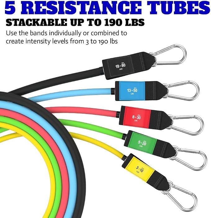 Bodylastics Patented Basic Series Resistance Band Set - Resistance Bands with Snap Reduction Tech, 2 Handles, 2 Ankle Straps, 1 Door Anchor & 1 Carry Bag