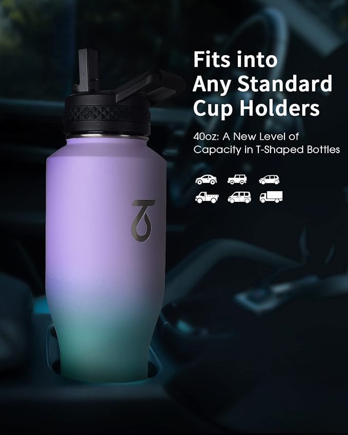 Trebo 40 oz Water Bottle Insulated Fit in Any Car Cup Holder with 2 Lids | Stainless Steel T-shape Tumbler with Paracord Handle, Triple Wall Vacuum Copper Plated, Cold 48 Hrs for Travel, Wide Mouth