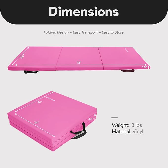 BalanceFrom 6x2 Feet 3-Panel Folding Gymnastics Mat – 1.5-Inch Thick Pad with Vinyl Surface and Carrying Handles for Tumbling, Yoga, Pilates, Home Workouts, and Martial Arts