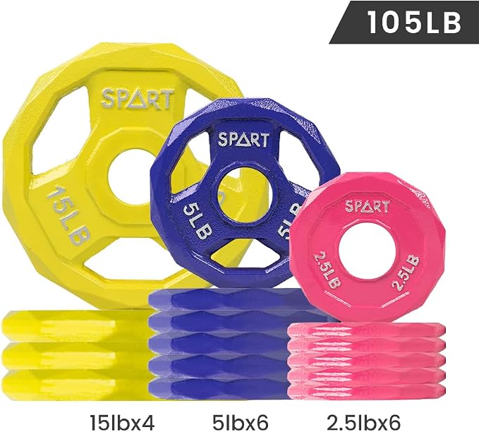 SPART Color Coded Weight Plate 2-Inch Cast Iron Tri-Grip Plate for Barbell,Solid Cast Iron Olympic Weight Plates for Strength Training, Weightlifting, Crossfit, 2.5/5/10/15/25/35/45LB, Single/Pair/Set