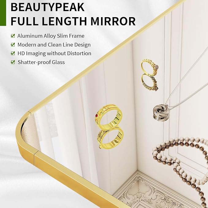 BEAUTYPEAK 59" x 16" Rounded Corner Full Length Mirror with Stand, Gold | Aluminum Alloy Frame with Standing, Leaning, or Wall-Mounted, Ideal for Bedroom, Dressing Room, Entryway, and Living Room